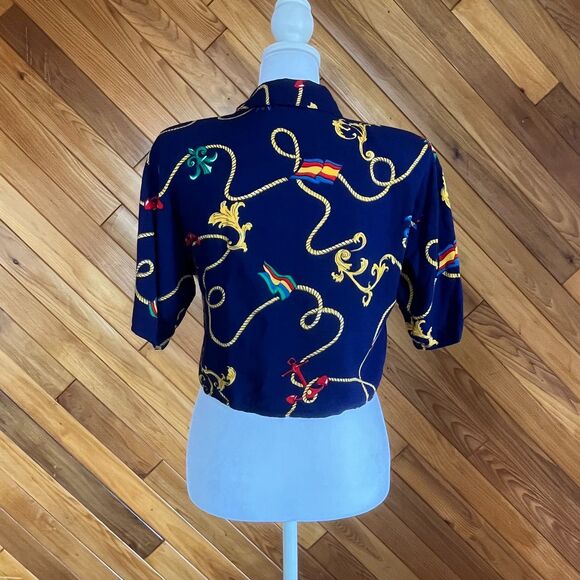 Vintage 80s/90s Navy Blue Nautical Button Up Crop Top - Picture 2 of 5